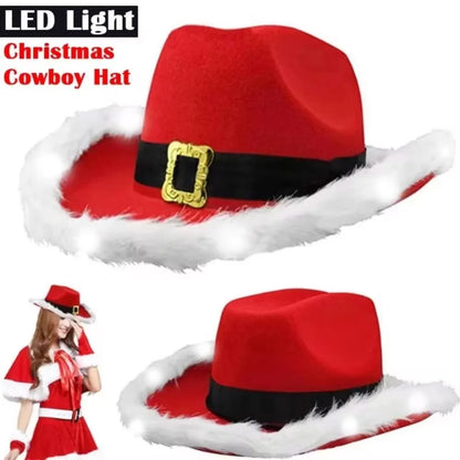 Christmas Light-Up Cowboy Hat – Red Felt Santa Hat with LED Lights for Costume Parties and Holiday Celebrations