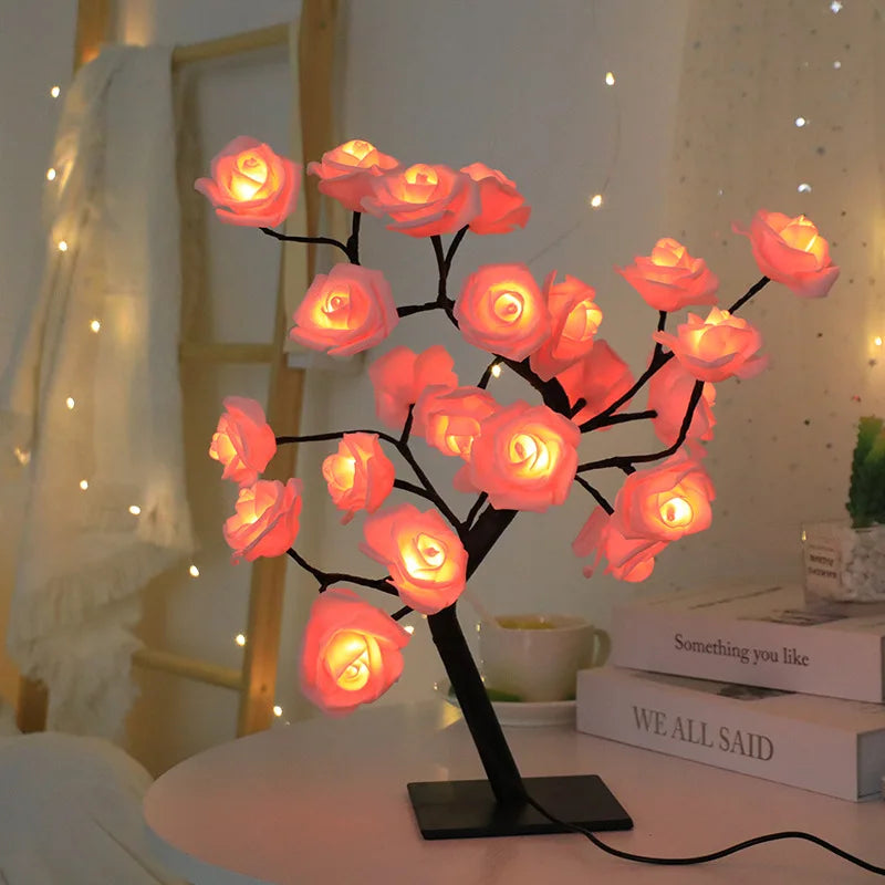 24 LED Red Rose Tree Lights Table Lamp – Fairy Night Light for Home, Party, Wedding, Christmas, or Bedroom Decor