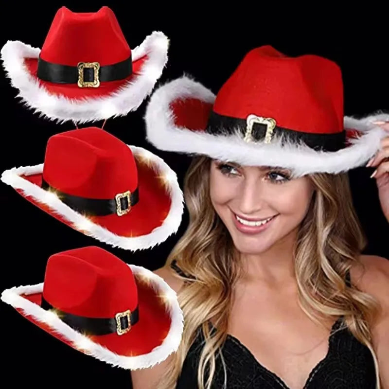 Christmas Light-Up Cowboy Hat – Red Felt Santa Hat with LED Lights for Costume Parties and Holiday Celebrations