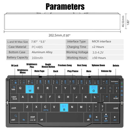 Wireless Folding Keyboard - Lightweight Aluminum Rechargeable with Magnetic Stand for iPads, Phones, Tablets