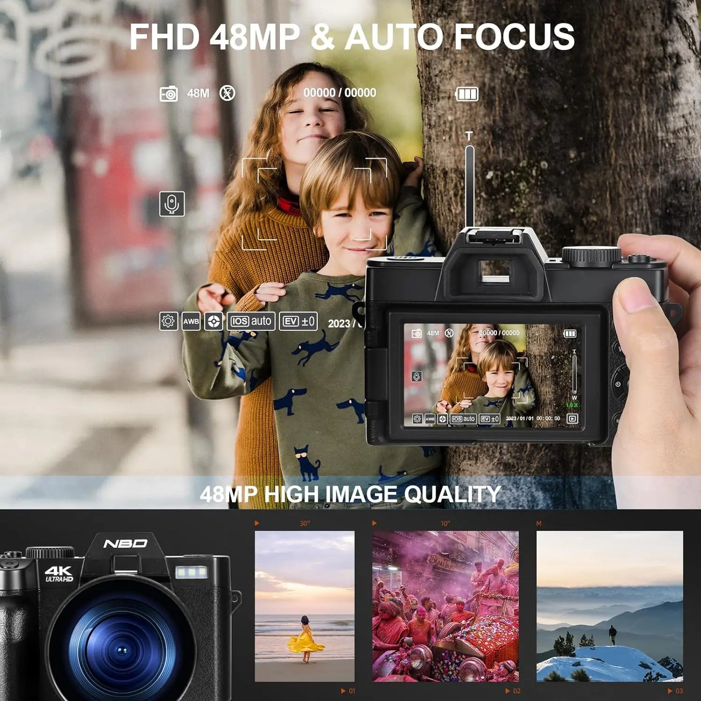 48MP Digital Camera with Flip Screen & 4K Video Recording – 16x Digital Zoom, Rechargeable Battery