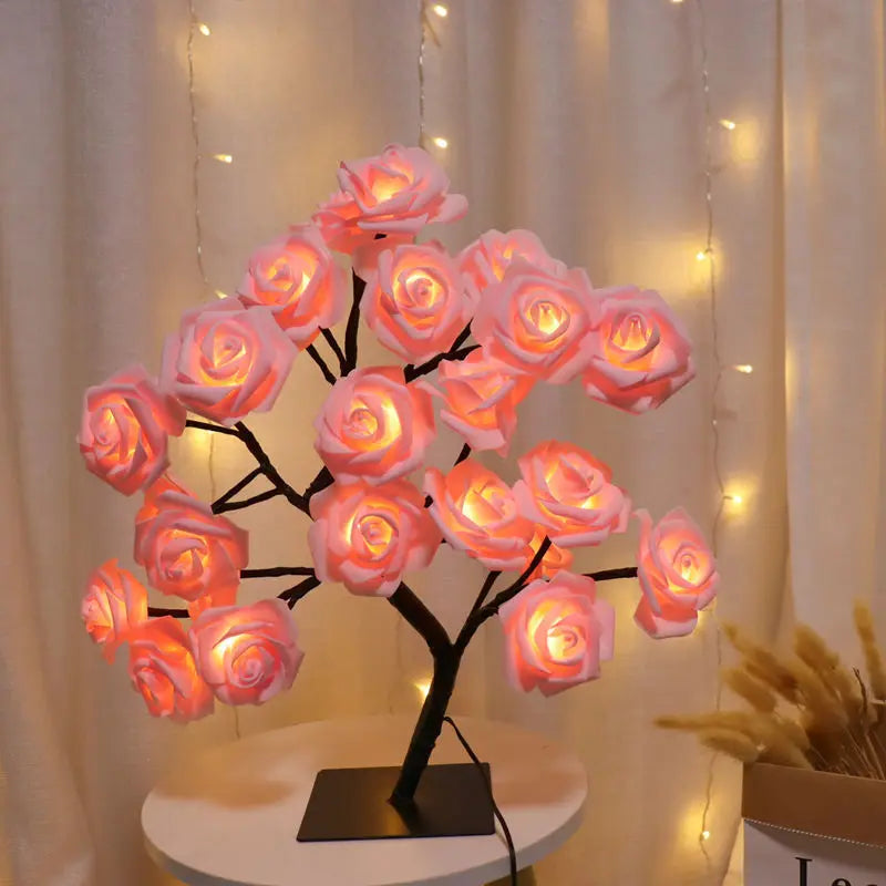 24 LED Red Rose Tree Lights Table Lamp – Fairy Night Light for Home, Party, Wedding, Christmas, or Bedroom Decor