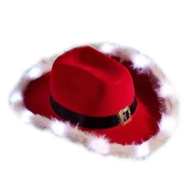 Christmas Light-Up Cowboy Hat – Red Felt Santa Hat with LED Lights for Costume Parties and Holiday Celebrations