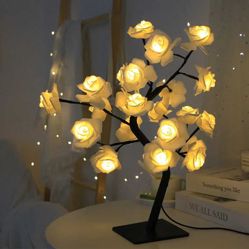 24 LED Red Rose Tree Lights Table Lamp – Fairy Night Light for Home, Party, Wedding, Christmas, or Bedroom Decor