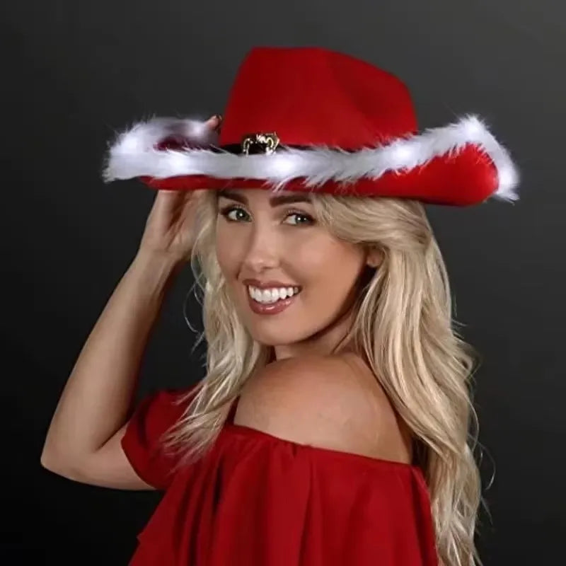 Christmas Light-Up Cowboy Hat – Red Felt Santa Hat with LED Lights for Costume Parties and Holiday Celebrations