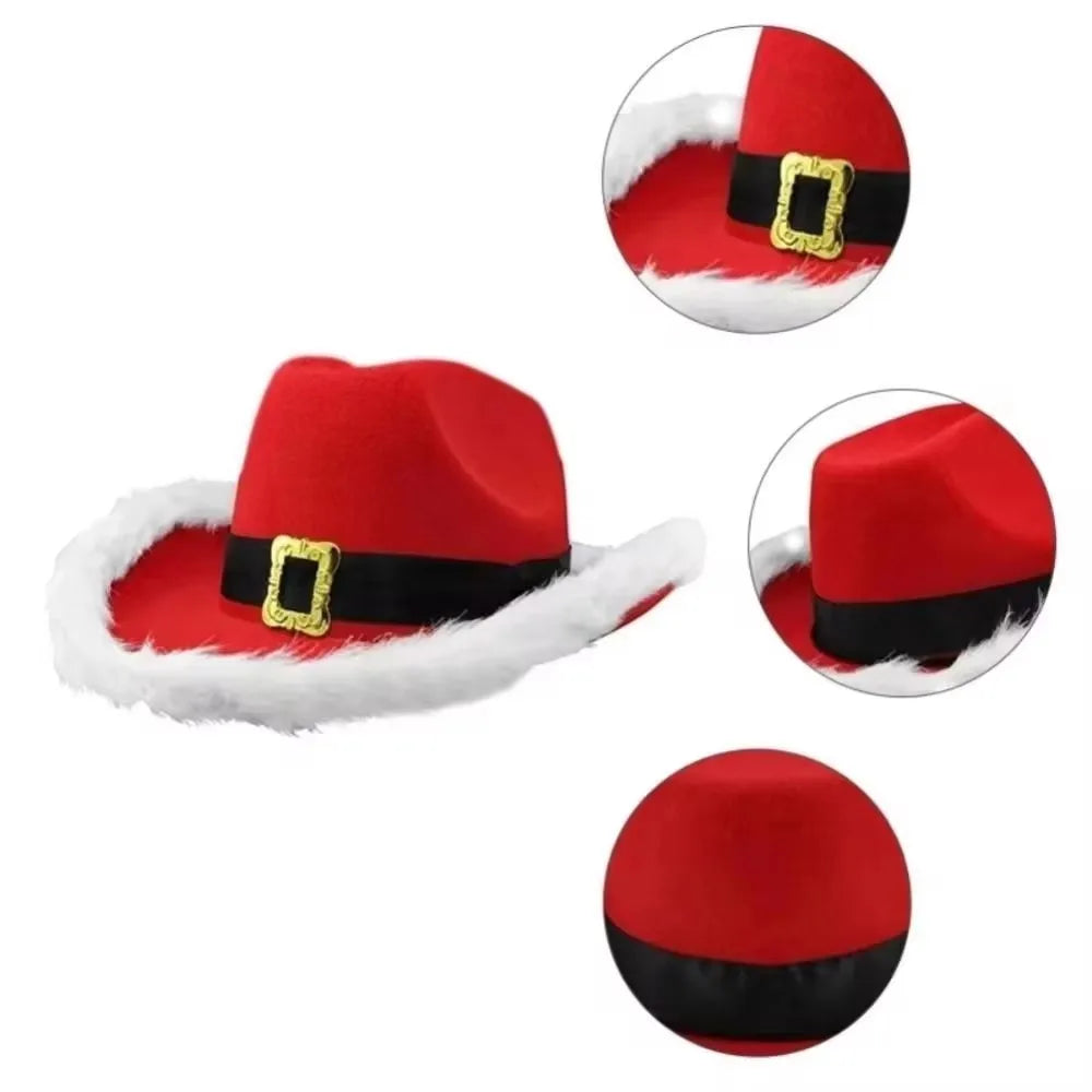 Christmas Light-Up Cowboy Hat – Red Felt Santa Hat with LED Lights for Costume Parties and Holiday Celebrations