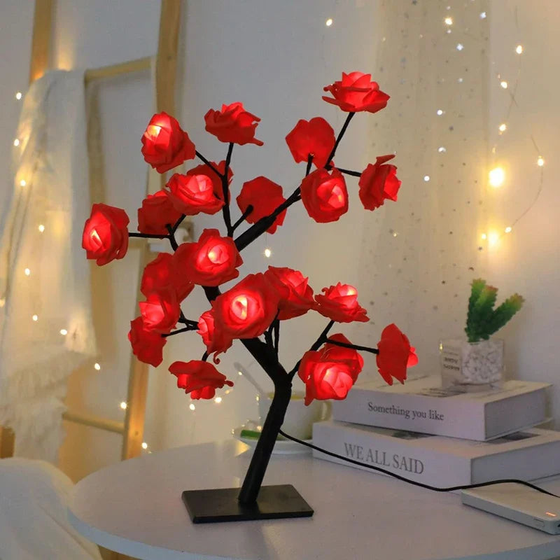 24 LED Red Rose Tree Lights Table Lamp – Fairy Night Light for Home, Party, Wedding, Christmas, or Bedroom Decor