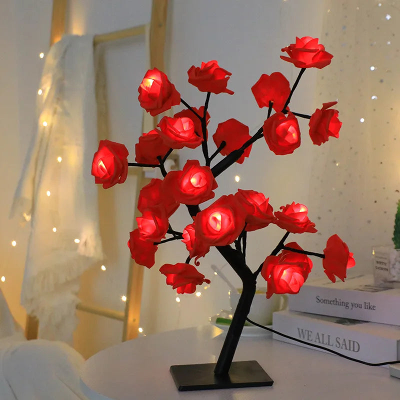 24 LED Red Rose Tree Lights Table Lamp – Fairy Night Light for Home, Party, Wedding, Christmas, or Bedroom Decor