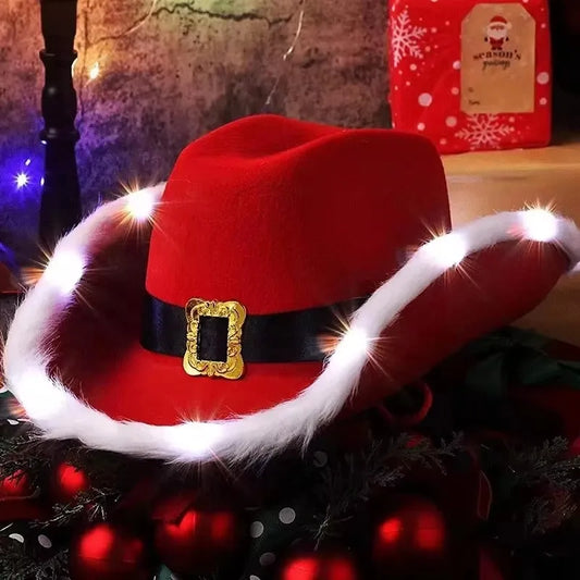 Christmas Light-Up Cowboy Hat – Red Felt Santa Hat with LED Lights for Costume Parties and Holiday Celebrations