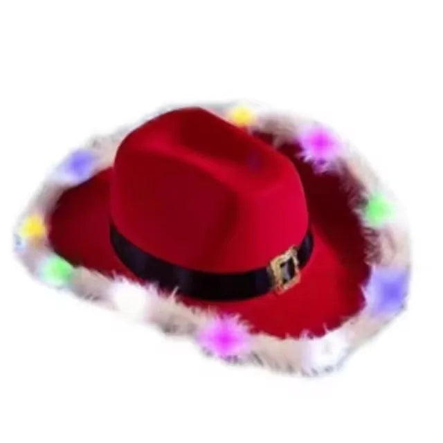 Christmas Light-Up Cowboy Hat – Red Felt Santa Hat with LED Lights for Costume Parties and Holiday Celebrations