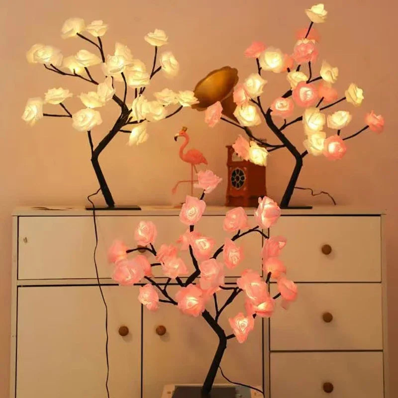 24 LED Red Rose Tree Lights Table Lamp – Fairy Night Light for Home, Party, Wedding, Christmas, or Bedroom Decor